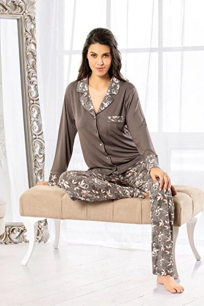FAAL 8603 Γυναικεία μακρυμάνικη πιτζάμα με κουμπιά μπροστά-Καφέ