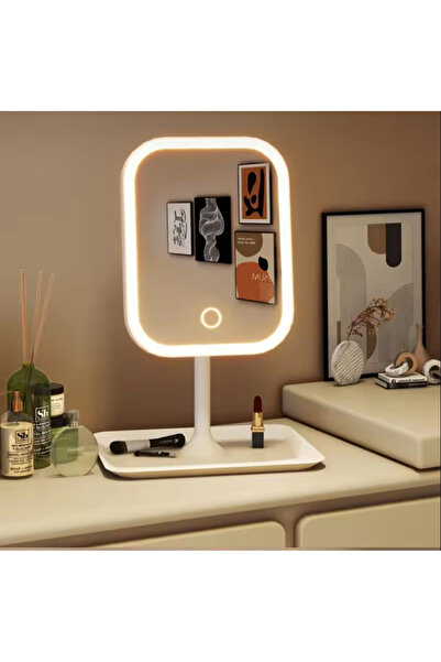 Flash Bazaar Led Işıklı Usb Şarjlı Dikdörtgen Masa Üstü Makyaj Aynası Makyaj Aynası Dokunmatik
