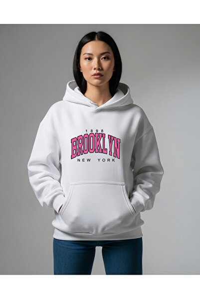 Vooya Fashion سويت شيرت بقلنسوة كبير الحجم مطبوع عليه نص بروكلين للجنسين