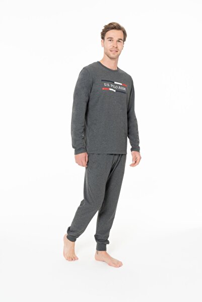U.S. Polo Assn. U.S. Polo Assn. 18951 Men's Long Sleeve Crew Neck Pajama Set with Leg Bands - Anthracite Melange