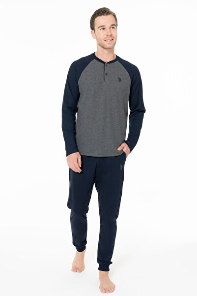 U.S. Polo Assn. U.S. Polo Assn. 18960B Men's Plus Size Long Sleeve Three Button Collar Pajama Set with Banded Legs-Ant