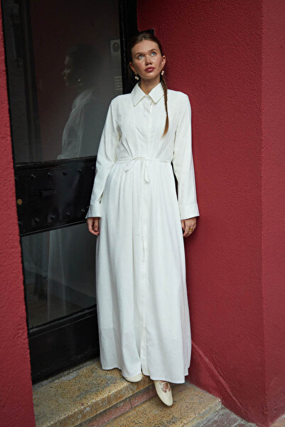 ZÜLAYS Gizli Düğmeli Dantelli Elbise Beyaz