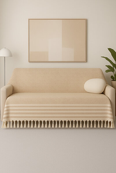 Teksev Alora – Pamuklu Püsküllü Örtü, Geometrik Desenli Koltuk ve Yatak Şalı 220x180 cm