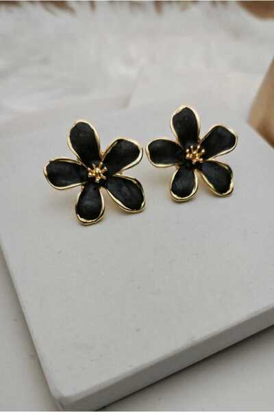 KYOLA DESİGN Black Enamel 5 Petal Flower Gold Women's Earrings