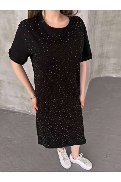 Butik Ayseba Kadın Full Taşlı Siyah Yanı Yırtmaçlı Pamuklu Kısa Kol Elbise
