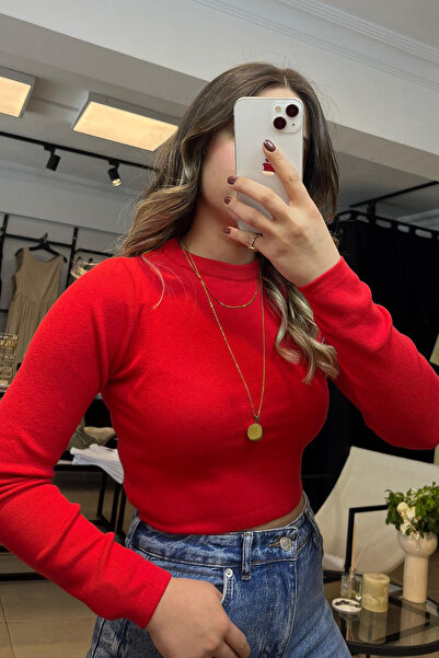 melisa atelier Kırmızı Fitilli Uzun Kollu Crop Body