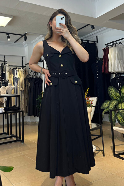 melisa atelier Kruvaze Yaka Kemerli Düğme Detaylı Elbise