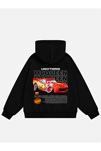 Mad&Calf Hanorac supradimensionat unisex cu glugă din fleece cu imprimeu Lightning Mcqueen