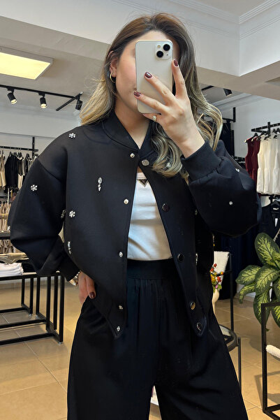 melisa atelier Jachetă bomber cu cu pietre aplicate nasturi