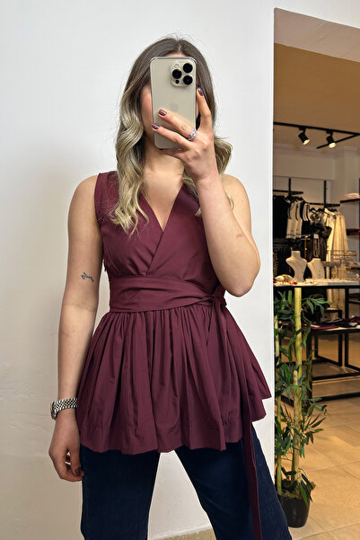 melisa atelier Kuşaklı Askılı Poplin Peplum Bluz