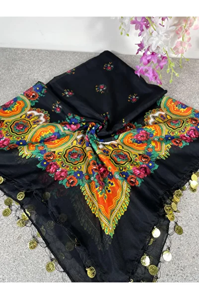 Sobe Hediyelik Mardin Yazması Black Ground Floral Patterned Sequin Headscarf – 100X100 cm