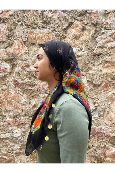 Sobe Hediyelik Mardin Yazması Black Ground Floral Patterned Sequin Headscarf – 100X100 cm