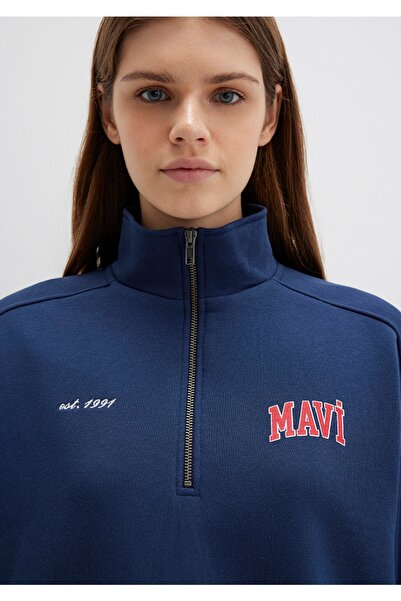 Mavi Φούτερ με τυπωμένο λογότυπο με ημι-φερμουάρ χαλαρή εφαρμογή (casual κοπή)