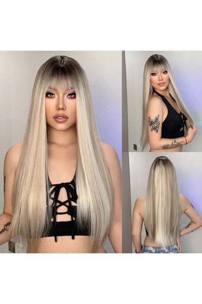 animis beauty Peruca Blond suvitat, fibra sintetica cu aspect , par lung drept, cu breton, 70 cm