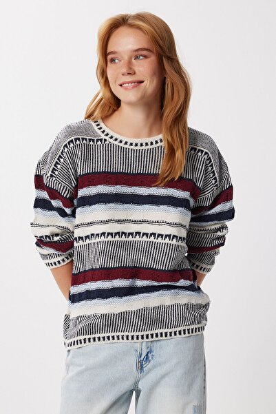 Lovelyİstanbul Striped Oversize Knitwear Sweater Lan0052 Dark Blue Bone