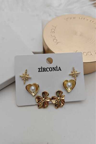 KYOLA DESİGN 3'lü İncili Kalp Kutup Yıldızı Çiçekli Gold Kadın Küpe Seti