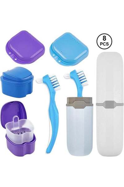 Generic 8-Piece Denture Case Kit, 2 Denture Cup with 2 Denture Brush & 2 Port...
