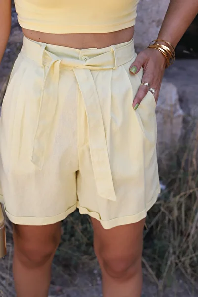 bytugcekaya Lime Belted Linen Shorts