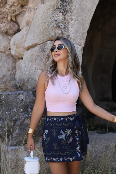 bytugcekaya Navy Blue Embroidered Shorts Skirt