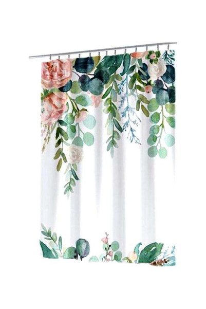 Generic Leaves Printed Shower Curtain With Hook White/Pink/Green 165x180cm
