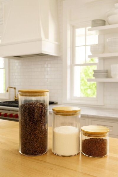 ENYAZA(2024) 3-Piece Vacuum Striped Glass Jar with Bamboo Lid, Storage Container for Beans, Candy, Tea, 1300-800-500ml