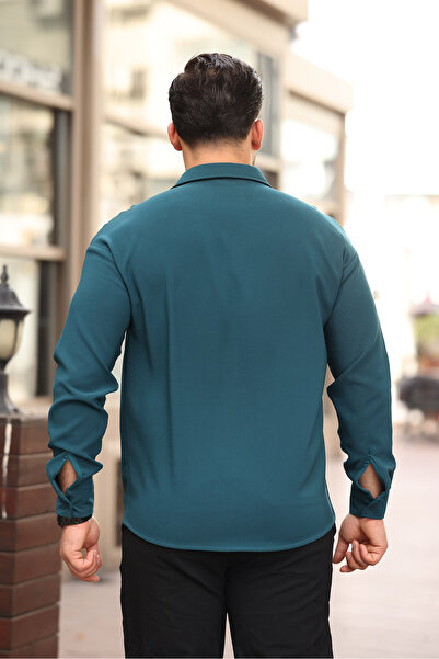 Artı1 Half Oversize Long Sleeve Easy Ironing Sweat Absorbent Breathable Double Face Fabric Men's Shirt -801-Petrol