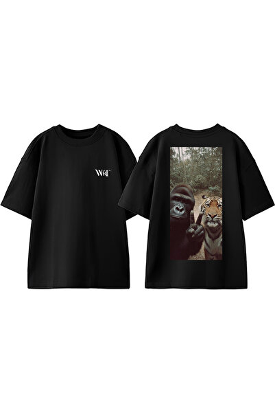 THEWERT Tricou negru supradimensionat din bumbac cu imprimeu Gorilla Tiger De...