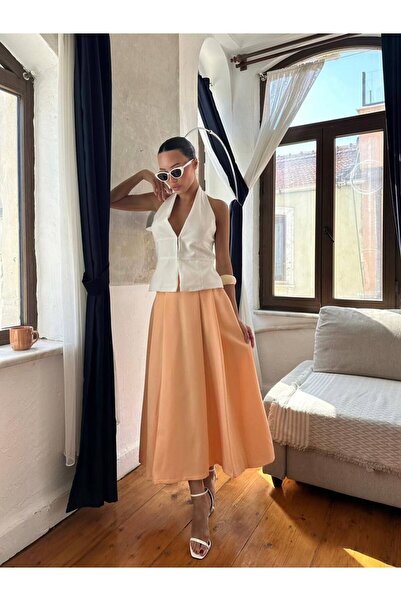 ELEWOMEN Kadın Baj Keten Uzun Etek - Rahat Kesim