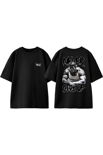 THEWERT Tricou negru supradimensionat din bumbac cu imprimeu pe spate Gym Nev...