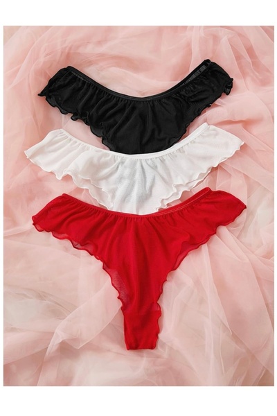 Oprah Kadın Fırfırlı Tül String Külot 3’lü Paket – Siyah / Beyaz / Kırmızı