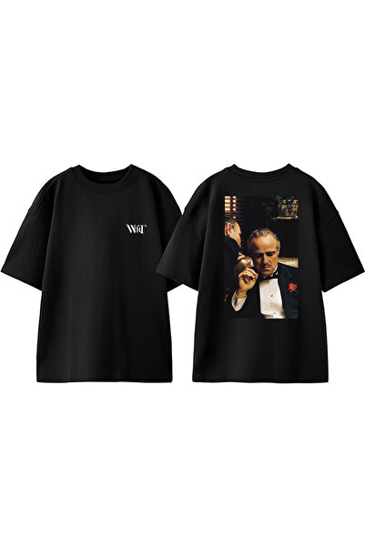 THEWERT Tricou oversize negru din bumbac cu imprimeu pe spate Vito Corleone 1 Design