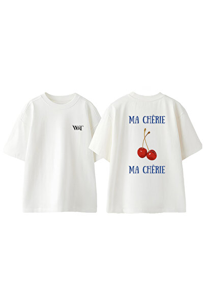 THEWERT Tricou supradimensionat alb din bumbac cu imprimeu la spate Cherry 2 ...