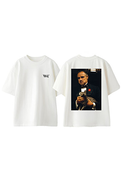 THEWERT Tricou alb supradimensionat din bumbac cu imprimeu pe spate Vito Corleone 2 Design
