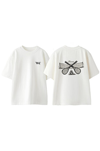 THEWERT تي شيرت قطني أبيض كبير الحجم مطبوع عليه تصميم تنس 5 على الظهر