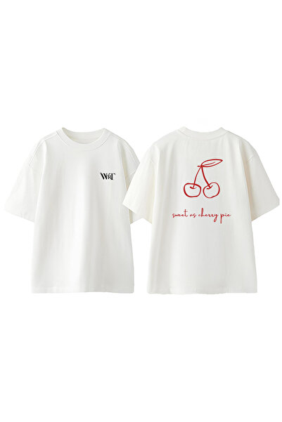 THEWERT Tricou supradimensionat alb din bumbac cu imprimeu la spate Cherry 1 ...