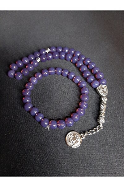 MRYart مجموعة مسبحة وسوار من الخرز الزجاجي الأرجواني - 33 خرزة مع شرابة معدنية