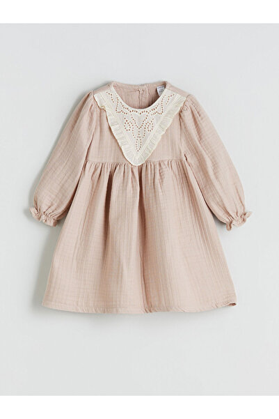 LC Waikiki Giyçık Store Den Beige Peter Pan collar Muslin Baby Girl Dress