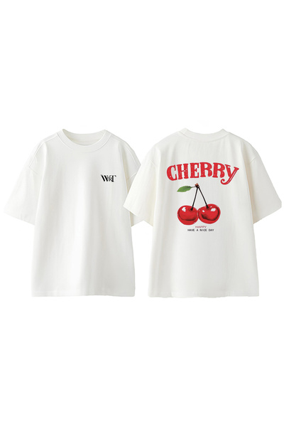 THEWERT Tricou oversize alb din bumbac cu imprimeu la spate cu design Cherry 3