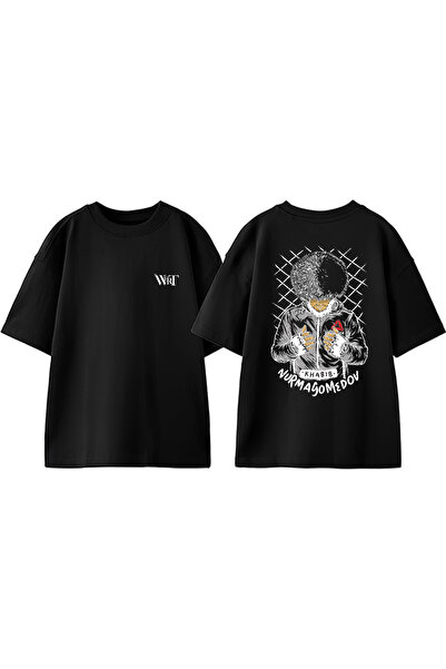 THEWERT Tricou supradimensionat din bumbac negru cu imprimeu pe spate cu desi...