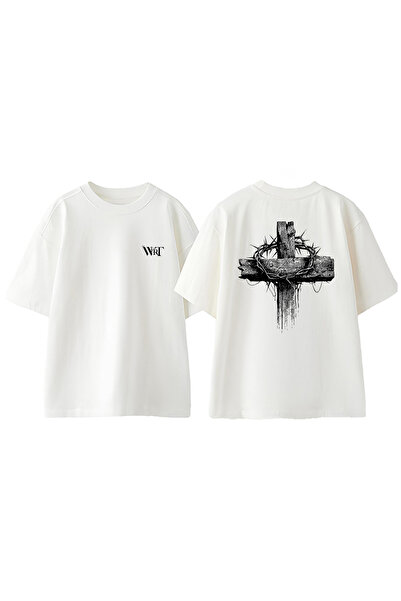 THEWERT Tricou alb supradimensionat din bumbac cu imprimeu pe spate cu design Hold The Cross