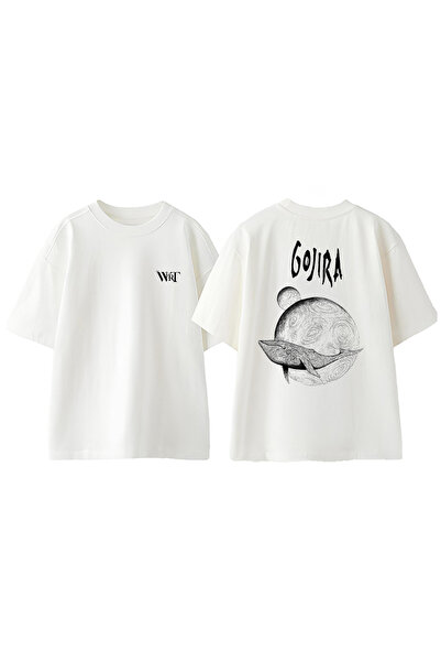 THEWERT Tricou supradimensionat alb din bumbac cu imprimeu pe spate Gojira 3 Design