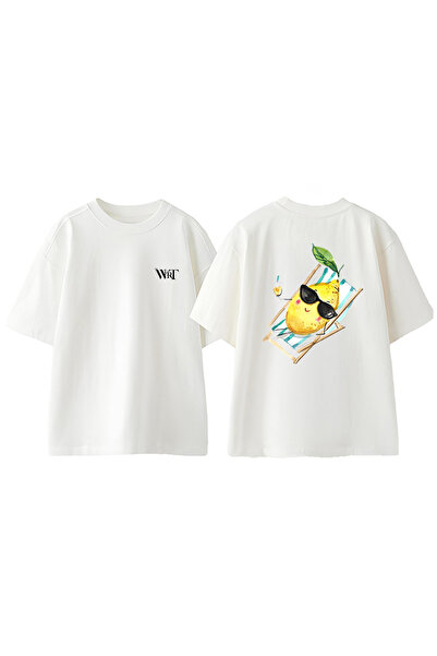 THEWERT Μπλουζάκι από βαμβακερό λευκό oversize με στάμπα στην πλάτη με σχέδιο Lemon 5