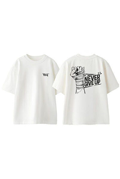 THEWERT T-shirt alb oversize din bumbac cu imprimeu pe spate Gym Never Give U...