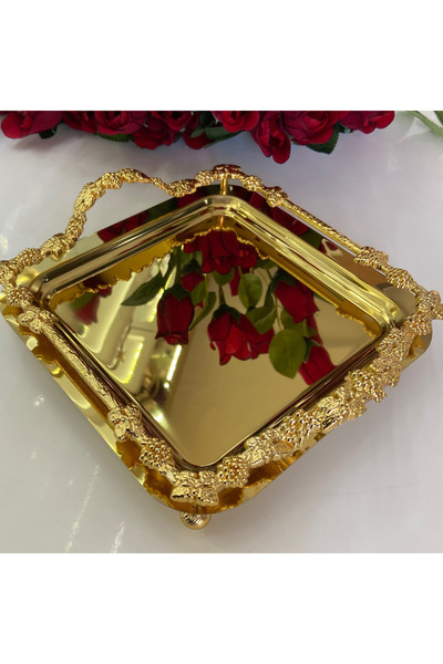 mucit home Kare Kenarları Motifli Gold Sunum Tepsi