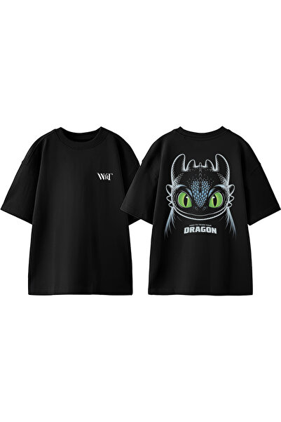THEWERT Tricou supradimensionat din bumbac negru cu imprimeu Dragon Design