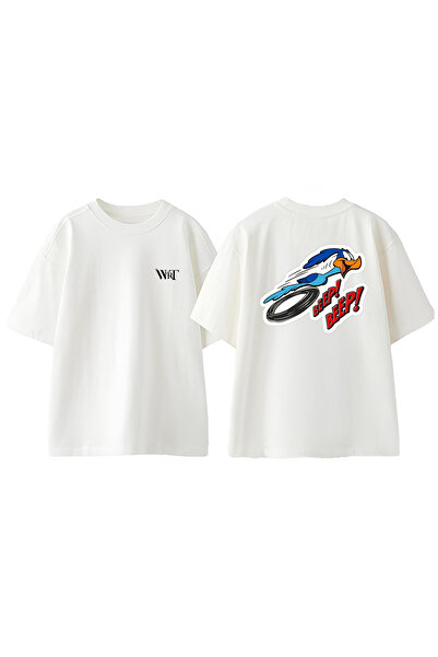 THEWERT Μπλουζάκι με σχέδιο Beep Beep, εμπριμέ στην πλάτη, βαμβακερό λευκό oversize