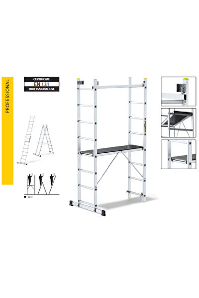 STRATEGIC Scara si schela din aluminiu profesionala 2x8 trepte cu platforma de lucru, inarcare maxima 150kg