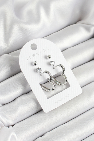ALFA AKSESUAR 03 Silver Color 3-Piece Double Women's Earring Set with Brass Zircon Stone and Heart Figure - Tj-Bkp10644