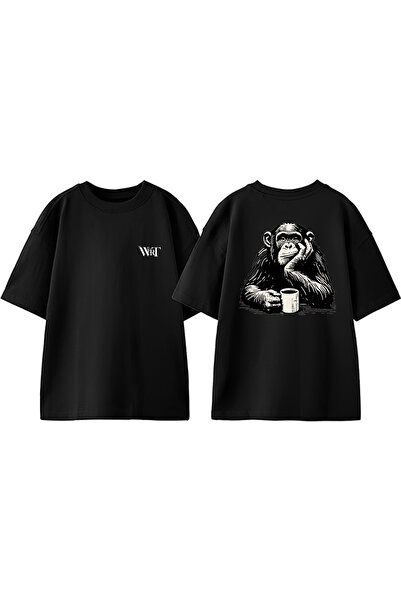 THEWERT Tricou negru supradimensionat din bumbac cu imprimeu pe spate cu desi...