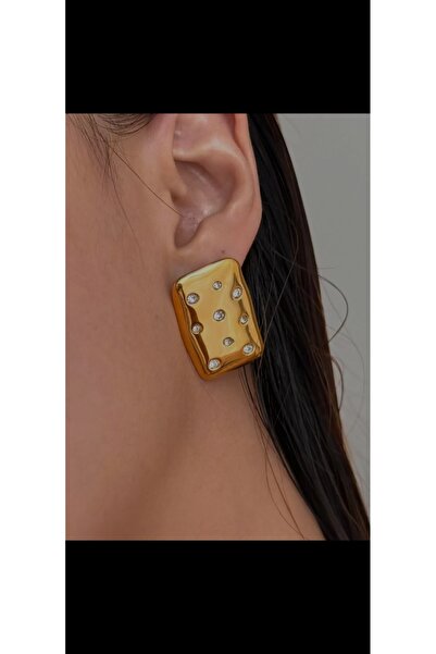 Aylish Bijuteri Rectangular Plate Earrings with Gold Stone